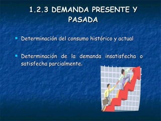 1.2.3 DEMANDA PRESENTE Y PASADA Determinación del consumo histórico y actual Determinación de la demanda insatisfecha o satisfecha parcialmente . 