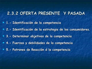 2.3.2 OFERTA PRESENTE  Y PASADA 1.- Identificación de la competencia 2.- Identificación de la estrategia de los consumidores. 3.- Determinar objetivos de la competencia 4.- Fuerzas y debilidades de la competencia 5.- Patrones de Reacción d la competencia 