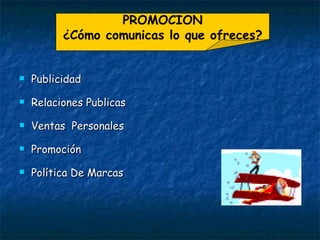 Publicidad Relaciones Publicas Ventas  Personales Promoción Política De Marcas PROMOCION ¿Cómo comunicas lo que ofreces? 