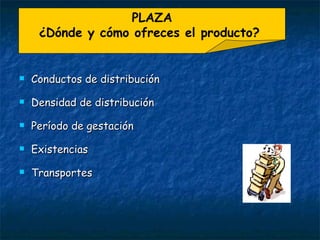 Conductos de distribución Densidad de distribución Período de gestación Existencias Transportes PLAZA ¿Dónde y cómo ofreces el producto?  