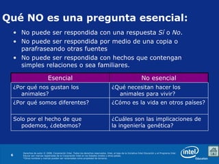Qué NO es una pregunta esencial: No puede ser respondida con una respuesta  Sí  o  No . No puede ser respondida por medio de una copia o parafraseando otras fuentes No puede ser respondida con hechos que contengan simples relaciones o sea familiares. Esencial No esencial ¿Por qué nos gustan los animales? ¿Qué necesitan hacer los animales para vivir?  ¿Por qué somos diferentes?  ¿Cómo es la vida en otros países? Solo por el hecho de que podemos, ¿debemos?  ¿Cuáles son las implicaciones de la ingeniería genética?  