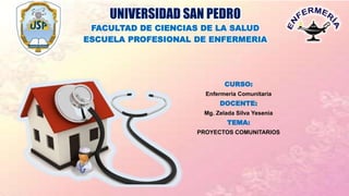 UNIVERSIDAD SAN PEDRO
FACULTAD DE CIENCIAS DE LA SALUD
ESCUELA PROFESIONAL DE ENFERMERIA
CURSO:
Enfermería Comunitaria
DOCENTE:
Mg. Zelada Silva Yesenia
TEMA:
PROYECTOS COMUNITARIOS
 