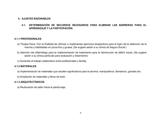 9
4. AJUSTES RAZONABLES
4.1. DETERMINACIÓN DE RECURSOS NECESARIOS PARA ELIMINAR LAS BARRERAS PARA EL
APRENDIZAJE Y LA PARTICIPACIÓN.
4.1.1 PROFESIONALES
a) Terapia física: Con la finalidad de reforzar e implementar ejercicios terapéuticos para el logro de la obtención de la
marcha y habilidades en pinza fina y gruesa. (Se sugiere asistir a su clínica de Seguro Social )
b) Atención del oftalmólogo para la implementación de tratamiento para la disminución de déficit visual. (Se sugiere
asistir a su clínica particular para evaluación y tratamiento)
c) Aumentar el trabajo colaborativo entre profesionales y familia.
4.1.2 MATERIALES
a) Implementación de materiales que resulten significativos para la alumna; manipulativos, llamativos, grandes etc.
b) Ampliación de materiales y libros de texto
4.1.3 ARQUITECTÓNICOS
a) Reubicación de salón hacia la planta baja.
 