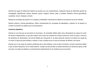 5
Arantxa fue capaz de diferenciar objetos de acuerdo con sus características, realizando tareas de diferentes grados de
complejidad, identificando colores, tamaños, grosor, longitud, textura, peso y cantidad. Identifico formas geométricas
(cuadrado, circulo, triangulo y circulo)
Manejo los conceptos de posición en el espacio y lateralidad, colocando los objetos en la posición que se le indicaba.
Nombro colores y formas geométricas. Utilizo correctamente los conceptos de lateralidad y posición en el espacio al
nombrar la posición de objetos que se le presentaron.
Conducta adaptativa
Arantxa es una niña que se encuentra en el proceso de consolidar hábitos tales como alimentación es capaz de comer
de manera independiente, lo que esto implica como tomar los cubiertos de manera autónoma, poner la mesa y consumir
los alimentos sin derramarlos, otro de los hábitos por mencionar el de aseo personal, Arantxa va al baño con ayuda de
su mamá, al igual que para bañase y vestirse, lo que si realiza es por si sola es el lavado de dientes y de manos.
Arantxa aun no es capaz de resolver problemas de la vida cotidiana, como el salir a la tienda y comprar productos debido
a que no tiene interacción con el medio exterior. A pesar de esto de esto su desenvolvimiento con personas ajenas a ella
es bueno, es capaz de adaptar su comportamiento dependiendo en el contexto que se encuentre.
 
