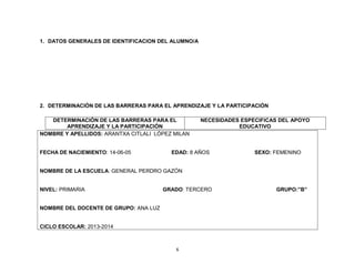 6
1. DATOS GENERALES DE IDENTIFICACION DEL ALUMNO/A
2. DETERMINACIÓN DE LAS BARRERAS PARA EL APRENDIZAJE Y LA PARTICIPACIÓN
DETERMINACIÓN DE LAS BARRERAS PARA EL
APRENDIZAJE Y LA PARTICIPACIÓN
NECESIDADES ESPECIFICAS DEL APOYO
EDUCATIVO
NOMBRE Y APELLIDOS: ARANTXA CITLALI LÓPEZ MILAN
FECHA DE NACIEMIENTO: 14-06-05 EDAD: 8 AÑOS SEXO: FEMENINO
NOMBRE DE LA ESCUELA: GENERAL PERDRO GAZÓN
NIVEL: PRIMARIA GRADO: TERCERO GRUPO:”B”
NOMBRE DEL DOCENTE DE GRUPO: ANA LUZ
CICLO ESCOLAR: 2013-2014
 
