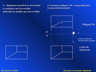 Clic para ir al Cuadro SiguienteClic para ir al Inicio
1)1) Dibujamos el perfil de la vista frontalDibujamos el perfil de la vista frontal
(o cualquiera que este sencilla)(o cualquiera que este sencilla)
utilizando las medidas que tiene el sólidoutilizando las medidas que tiene el sólido
2) Trazamos el pliegue F/H y luego dibujamos2) Trazamos el pliegue F/H y luego dibujamos
la proyección horizontalla proyección horizontal
F
H
Línea de referencia
Perpendicular al pliegue
Línea de
referencia
Pliegue F/H
 