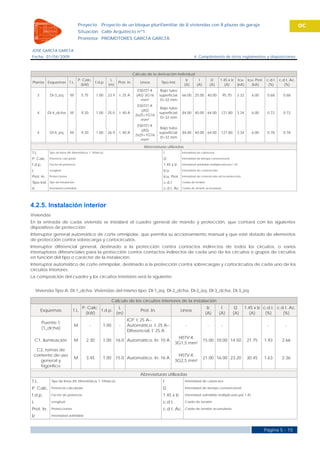 Proyecto          Proyecto de un bloque plurifamiliar de 8 viviendas con 8 plazas de garaje                                                             OC
                                     Situación Calle Arquitecto nº1
                                     Promotor PROMOTORES GARCÍA GARCÍA

JOSÉ GARCÍA GARCÍA
Fecha 01/04/2009                                                                                                      4. Cumplimiento de otros reglamentos y disposiciones



                                                                               Cálculo de la derivación individual
                                  P. Calc.                   L                                                  Iz        I            I2   1.45 x Iz Icu Icu. Prot. c.d.t. c.d.t. Ac.
 Planta      Esquemas        T.L.          f.d.p.                  Prot. In.       Línea        Tipo inst.
                                    (kW)                    (m)                                                (A)       (A)          (A)     (A)     (kA)  (kA)      (%)      (%)
                                                                                  ES07Z1-K      Bajo tubo
     3        DI-3_izq        M        5.75        1.00     23.9   I: 25 A       (AS) 3G16     superficial.   66.00 25.00 40.00              95.70      3.32      6.00     0.68    0.68
                                                                                    mm²         D=32 mm
                                                                                 ES07Z1-K
                                                                                                Bajo tubo
                                                                                   (AS)
     4       DI-4_dcha        M        9.20        1.00     25.0   I: 40 A                     superficial.   84.00 40.00 64.00              121.80     3.34      6.00     0.72    0.72
                                                                                2x25+1G16
                                                                                                D=32 mm
                                                                                   mm²
                                                                                 ES07Z1-K
                                                                                                Bajo tubo
                                                                                   (AS)
     4        DI-4_izq        M        9.20        1.00     26.9   I: 40 A                     superficial.   84.00 40.00 64.00              121.80     3.34      6.00     0.78    0.78
                                                                                2x25+1G16
                                                                                                D=32 mm
                                                                                   mm²
                                                                                     Abreviaturas utilizadas
T.L.          Tipo de línea (M: Monofásica, T: Trifásica)                                        I            Intensidad de cabecera

P. Calc.      Potencia calculada                                                                 I2           Intensidad de tiempo convencional

f.d.p.        Factor de potencia                                                                 1.45 x Iz    Intensidad admisible multiplicada por 1.45

L             Longitud                                                                           Icu          Intensidad de cortocircuito

Prot. In.     Protecciones                                                                       Icu. Prot.   Intensidad de cortocircuito de la protección

Tipo inst.    Tipo de instalación                                                                c.d.t.       Caída de tensión

Iz            Intensidad admisible                                                               c.d.t. Ac.   Caída de tensión acumulada




4.2.5. Instalación interior
Viviendas
En la entrada de cada vivienda se instalará el cuadro general de mando y protección, que contará con los siguientes
dispositivos de protección:
Interruptor general automático de corte omnipolar, que permita su accionamiento manual y que esté dotado de elementos
de protección contra sobrecarga y cortocircuitos.
Interruptor diferencial general, destinado a la protección contra contactos indirectos de todos los circuitos, o varios
interruptores diferenciales para la protección contra contactos indirectos de cada uno de los circuitos o grupos de circuitos
en función del tipo o carácter de la instalación.
Interruptor automático de corte omnipolar, destinado a la protección contra sobrecargas y cortocircuitos de cada uno de los
circuitos interiores.
La composición del cuadro y los circuitos interiores será la siguiente:


     Vivienda Tipo A: DI-1_dcha. Viviendas del mismo tipo: DI-1_izq, DI-2_dcha, DI-2_izq, DI-3_dcha, DI-3_izq

                                                               Cálculo de los circuitos interiores de la instalación
                                     P. Calc.         L                                                                           Iz         I         I2      1.45 x Iz c.d.t. c.d.t. Ac.
         Esquemas               T.L.          f.d.p.                               Prot. In.                  Línea
                                       (kW)          (m)                                                                         (A)        (A)       (A)        (A)      (%)      (%)
                                                                        ICP. I: 25 A--
         Puente 1
                                  M           -         1.00       -    Automático. I: 25 A--                   -                 -          -                             -        -
         (1_dcha)
                                                                        Diferencial. I: 25 A
                                                                                                           H07V-K
    C1, iluminación               M        2.30         1.00 16.0 Automático. In: 10 A                                         15.00 10.00 14.50                21.75    1.93     2.66
                                                                                                          3G1,5 mm²
  C2, tomas de
 corriente de uso                                                                                          H07V-K
                                  M        3.45         1.00 15.0 Automático. In: 16 A                                         21.00 16.00 23.20                30.45    1.63     2.36
    general y                                                                                             3G2,5 mm²
    frigorífico
                                                                                   Abreviaturas utilizadas
T.L.           Tipo de línea (M: Monofásica, T: Trifásica)                                       I              Intensidad de cabecera

P. Calc.       Potencia calculada                                                                I2             Intensidad de tiempo convencional

f.d.p.         Factor de potencia                                                                1.45 x Iz      Intensidad admisible multiplicada por 1.45

L              Longitud                                                                          c.d.t.         Caída de tensión

Prot. In.      Protecciones                                                                      c.d.t. Ac.     Caída de tensión acumulada

Iz             Intensidad admisible



                                                                                                                                                                         Página 5 - 15
 