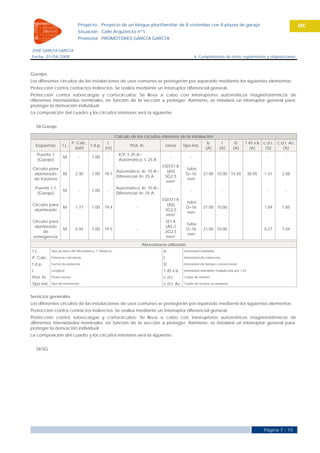 Proyecto         Proyecto de un bloque plurifamiliar de 8 viviendas con 8 plazas de garaje                                                 OC
                               Situación Calle Arquitecto nº1
                               Promotor PROMOTORES GARCÍA GARCÍA

JOSÉ GARCÍA GARCÍA
Fecha 01/04/2009                                                                                           4. Cumplimiento de otros reglamentos y disposiciones



Garajes
Los diferentes circuitos de las instalaciones de usos comunes se protegerán por separado mediante los siguientes elementos:
Protección contra contactos indirectos: Se realiza mediante un interruptor diferencial general.
Protección contra sobrecargas y cortocircuitos: Se lleva a cabo con interruptores automáticos magnetotérmicos de
diferentes intensidades nominales, en función de la sección a proteger. Asimismo, se instalará un interruptor general para
proteger la derivación individual.
La composición del cuadro y los circuitos interiores será la siguiente:


    DI-Garaje

                                                           Cálculo de los circuitos interiores de la instalación
                         P. Calc.                   L                                                             Iz       I         I2     1.45 x Iz c.d.t. c.d.t. Ac.
    Esquemas        T.L.          f.d.p.                           Prot. In.              Línea    Tipo inst.
                           (kW)                    (m)                                                           (A)      (A)       (A)        (A)     (%)      (%)
    Puente 1                                                 ICP. I: 25 A--
                     M          -        1.00        -                                      -          -          -         -                            -       -
    (Garaje)                                                 Automático. I: 25 A
                                                                                     ES07Z1-K
 Circuito para                                                                                       tubo
                                                       Automático. In: 10 A--          (AS)
  alumbrado          M        2.30       1.00     18.1                                               D=16       21.00 10.00 14.50               30.45   1.31    2.08
                                                       Diferencial. In: 25 A          3G2,5
 de trasteros                                                                                        mm
                                                                                       mm²
    Puente 1.1                                             Automático. In: 10 A--
                     M          -        1.00        -                                      -          -          -         -                            -       -
     (Garaje)                                              Diferencial. In: 25 A
                                                                                     ES07Z1-K
                                                                                                     tubo
 Circuito para                                                                         (AS)
                     M        1.77       1.00     19.4                 -                             D=16       21.00 10.00                             1.09    1.85
  alumbrado                                                                           3G2,5
                                                                                                     mm
                                                                                       mm²
 Circuito para                                                                            SZ1-K
                                                                                                     tubo
  alumbrado                                                                               (AS+)
                     M        0.44       1.00     19.5                 -                             D=16       21.00 10.00                             0.27    1.04
      de                                                                                  3G2,5
                                                                                                     mm
 emergencia                                                                               mm²
                                                                           Abreviaturas utilizadas
T.L.         Tipo de línea (M: Monofásica, T: Trifásica)                              Iz           Intensidad admisible

P. Calc.     Potencia calculada                                                       I            Intensidad de cabecera

f.d.p.       Factor de potencia                                                       I2           Intensidad de tiempo convencional

L            Longitud                                                                 1.45 x Iz    Intensidad admisible multiplicada por 1.45

Prot. In.    Protecciones                                                             c.d.t.       Caída de tensión

Tipo inst.   Tipo de instalación                                                      c.d.t. Ac.   Caída de tensión acumulada



Servicios generales
Los diferentes circuitos de las instalaciones de usos comunes se protegerán por separado mediante los siguientes elementos:
Protección contra contactos indirectos: Se realiza mediante un interruptor diferencial general.
Protección contra sobrecargas y cortocircuitos: Se lleva a cabo con interruptores automáticos magnetotérmicos de
diferentes intensidades nominales, en función de la sección a proteger. Asimismo, se instalará un interruptor general para
proteger la derivación individual.
La composición del cuadro y los circuitos interiores será la siguiente:


    DI-SG




                                                                                                                                                        Página 7 - 15
 