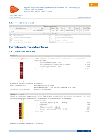MC

                                         Proyecto   Proyecto de un bloque plurifamiliar de 8 viviendas con 8 plazas de garaje
                                         Situación Calle Arquitecto nº1
                                         Promotor PROMOTORES GARCÍA GARCÍA

JOSÉ GARCÍA GARCÍA
Fecha 01/04/2009                                                                                                                         2. Memoria constructiva




2.3.5. Huecos horizontales
                                                                          Huecos horizontales
             Acristalamiento                                       MM                  UMarco   FM        Pa              CM           UHueco    FL    Rw (C;Ctr)
Acristalamiento (U = 1.80 W/m²K / Factor solar =
                                                 PVC, con tres huecos                  1.80     0.10    Clase 2    Intermedio (0.60)   1.80     0.27    35(-1;-3)
0.30) (x4)

                                                                        Abreviaturas utilizadas
MM       Material del marco                                                       CM            Color del marco (absortividad)

UMarco   Coeficiente de transmisión (W/m²K)                                       UHueco        Coeficiente de transmisión (W/m²K)

FM       Fracción de marco                                                        FL            Factor solar modificado

Pa       Permeabilidad al aire de la carpintería                                  Rw (C;Ctr)    Valores de aislamiento acústico (dB)




2.4. Sistema de compartimentación
2.4.1. Particiones verticales

 Tabique LP
Partición de una hoja de ladrillo cerámico perforado de 11.5 cm, con revestimiento de yeso de 1.5 cm en cada cara.
                             2
                                                         Listado de capas:
                                                            1-   Enlucido de yeso 1000 < d < 1300                                                        1.5 cm
                                                            2-   1/2 pie LP métrico o catalán 60 mm< G < 80 mm                                          11.5 cm
                                                            3-   Enlucido de yeso 1000 < d < 1300                                                        1.5 cm
                                                         Espesor total:                                                                                 14.5 cm




                     1               3

Limitación de demanda energética Um: 1.94 W/m²K
Protección frente al ruido                              Masa superficial: 151.80 kg / m²
                                                        Índice global de reducción acústica, ponderado A, R A: 41.1 dBA
Seguridad en caso de incendio                           Resistencia al fuego: EI 240


 Tabique LH y PYL - TR1.1
Partición de una hoja de ladrillo cerámico hueco doble de 9 cm, con trasdosado de placa de yeso laminado sujeta a un
entramado autoportante separado 1 cm, con aislamiento de lana mineral de 5 cm de espesor.
                             2       4
                                                         Listado de capas:
                                                            1-   Tabicón de LH doble [60 mm < E < 90 mm]                                                   9 cm
                                                            2-   Separación                                                                                1 cm
                                                            3-   MW Lana mineral [0.04 W/[mK]]                                                             5 cm
                                                            4-   Placa de yeso laminado [PYL] 750 < d < 900                                              1.5 cm
                                                         Espesor total:                                                                                 16.5 cm




                         1       3

Limitación de demanda energética Um: 0.53 W/m²K




                                                                                                                                                 Página 9 - 27
 