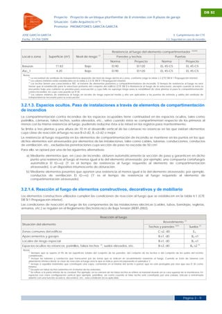 DB SI
                             Proyecto       Proyecto de un bloque plurifamiliar de 8 viviendas con 8 plazas de garaje
                             Situación Calle Arquitecto nº1
                             Promotor PROMOTORES GARCÍA GARCÍA

JOSÉ GARCÍA GARCÍA                                                                                                                            3. Cumplimiento del CTE
Fecha 01/04/2009                                                                                                                       3.2. Seguridad en caso de incendio




                                                                                                                                                                (2)(3)(4)
                                                                                    Resistencia al fuego del elemento compartimentador
                                                                       (1)
Local o zona            Superficie (m²)           Nivel de riesgo                       Paredes y techos                                       Puertas
                                                                                  Norma                  Proyecto                  Norma                  Proyecto
Basuras                       11.83                       Bajo                      EI 90                  EI 120                 EI2 45-C5                EI2 45-C5
Asc_1                          4.20                       Bajo                      EI 90                  EI 120                 EI2 45-C5                EI2 45-C5
 Notas:
     (1)
         La necesidad de vestíbulo de independencia depende del nivel de riesgo del local o zona, conforme exige la tabla 2.2 (CTE DB SI 1 Propagación interior).
     (2)
         Los valores mínimos están establecidos en la tabla 2.2 (CTE DB SI 1 Propagación interior).
     (3)
         Los techos tienen una característica 'REI', al tratarse de elementos portantes y compartimentadores de incendio. El tiempo de resistencia al fuego no será
     menor que el establecido para la estructura portante del conjunto del edificio (CTE DB SI 6 Resistencia al fuego de la estructura), excepto cuando la zona se
     encuentre bajo una cubierta no prevista para evacuación y cuyo fallo no suponga riesgo para la estabilidad de otras plantas ni para la compartimentación
     contra incendios, en cuyo caso puede ser R 30.
     (4)
         Los valores mínimos de resistencia al fuego en locales de riesgo especial medio y alto son aplicables a las puertas de entrada y salida del vestíbulo de
     independencia necesario para su evacuación.


3.2.1.3. Espacios ocultos. Paso de instalaciones a través de elementos de compartimentación
de incendios
La compartimentación contra incendios de los espacios ocupables tiene continuidad en los espacios ocultos, tales como
patinillos, cámaras, falsos techos, suelos elevados, etc., salvo cuando éstos se compartimentan respecto de los primeros al
menos con la misma resistencia al fuego, pudiendo reducirse ésta a la mitad en los registros para mantenimiento.
Se limita a tres plantas y una altura de 10 m el desarrollo vertical de las cámaras no estancas en las que existan elementos
cuya clase de reacción al fuego no sea B-s3-d2, B L-s3-d2 o mejor.
La resistencia al fuego requerida en los elementos de compartimentación de incendio se mantiene en los puntos en los que
dichos elementos son atravesados por elementos de las instalaciones, tales como cables, tuberías, conducciones, conductos
de ventilación, etc., excluidas las penetraciones cuya sección de paso no exceda de 50 cm².
Para ello, se optará por una de las siguientes alternativas:
   a) Mediante elementos que, en caso de incendio, obturen automáticamente la sección de paso y garanticen en dicho
      punto una resistencia al fuego al menos igual a la del elemento atravesado; por ejemplo, una compuerta cortafuegos
      automática EI t(i↔o) ('t' es el tiempo de resistencia al fuego requerido al elemento de compartimentación
      atravesado), o un dispositivo intumescente de obturación.
   b) Mediante elementos pasantes que aporten una resistencia al menos igual a la del elemento atravesado, por ejemplo,
      conductos de ventilación EI t(i ↔o) ('t' es el tiempo de resistencia al fuego requerido al elemento de
      compartimentación atravesado).


3.2.1.4. Reacción al fuego de elementos constructivos, decorativos y de mobiliario
Los elementos constructivos utilizados cumplen las condiciones de reacción al fuego que se establecen en la tabla 4.1 (CTE
DB SI 1 Propagación interior).
Las condiciones de reacción al fuego de los componentes de las instalaciones eléctricas (cables, tubos, bandejas, regletas,
armarios, etc.) se regulan en el Reglamento Electrotécnico de Baja Tensión (REBT-2002).

                                                                         Reacción al fuego
                                                                                                                                                         (1)
                                                                                                                                    Revestimiento
Situación del elemento                                                                                                                          (2)(3)                      (2)
                                                                                                                      Techos y paredes                         Suelos
Zonas comunes del edificio                                                                                                     C-s2, d0                           EFL
Aparcamientos y garajes                                                                                                         B-s1, d0                        BFL-s1
Locales de riesgo especial                                                                                                      B-s1, d0                        BFL-s1
                                                                         (4)
Espacios ocultos no estancos: patinillos, falsos techos                      , suelos elevados, etc.                            B-s3, d0                       BFL-s2 (5)
 Notas:
     (1)
         Siempre que se supere el 5% de las superficies totales del conjunto de las paredes, del conjunto de los techos o del conjunto de los suelos del recinto
     considerado.
     (2)
          Incluye las tuberías y conductos que transcurren por las zonas que se indican sin recubrimiento resistente al fuego. Cuando se trate de tuberías con
     aislamiento térmico lineal, la clase de reacción al fuego será la que se indica, pero incorporando el subíndice 'L'.
     (3)
         Incluye a aquellos materiales que constituyan una capa, contenida en el interior del techo o pared, que no esté protegida por otra que sea EI 30 como
     mínimo.
     (4)
         Excepto en falsos techos existentes en el interior de las viviendas.
     (5)
         Se refiere a la parte inferior de la cavidad. Por ejemplo, en la cámara de los falsos techos se refiere al material situado en la cara superior de la membrana. En
     espacios con clara configuración vertical (por ejemplo, patinillos), así como cuando el falso techo esté constituido por una celosía, retícula o entramado
     abierto con una función acústica, decorativa, etc., esta condición no es aplicable.




                                                                                                                                                         Página 3 - 9
 