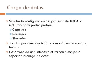 Carga de datos
 Simular la configuración del profesor de TODA la
industria para poder probar:
 Capa web
 Decisiones
 Simulación
 1 a 1.5 personas dedicadas completamente a estas
tareas
 Desarrollo de una Infraestructura completa para
soportar la carga de datos
 