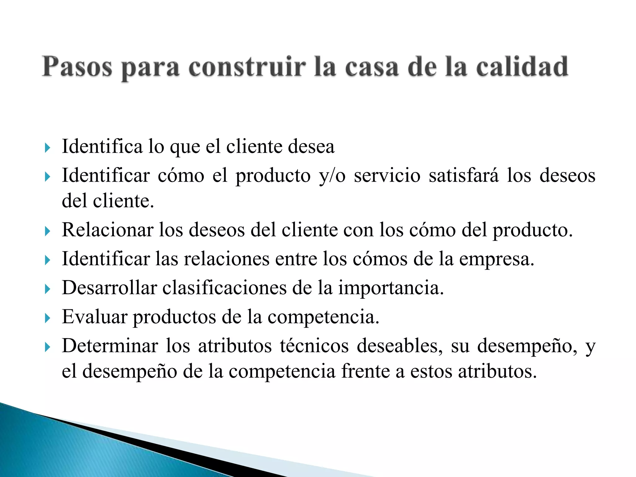  Identifica lo que el cliente desea
 Identificar cómo el producto y/o servicio satisfará los deseos
del cliente.
 Relacionar los deseos del cliente con los cómo del producto.
 Identificar las relaciones entre los cómos de la empresa.
 Desarrollar clasificaciones de la importancia.
 Evaluar productos de la competencia.
 Determinar los atributos técnicos deseables, su desempeño, y
el desempeño de la competencia frente a estos atributos.
 