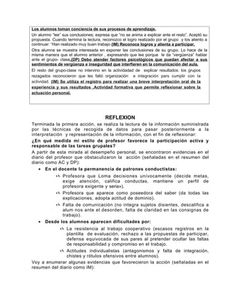 Los alumnos toman conciencia de sus procesos de aprendizaje.
Un alumno “lee” sus conclusiones; expresa que “no se anima a explicar ante el resto”. Aceptó su
propuesta. Cuando termina la lectura, reconozco el logro realizado por el grupo y los aliento a
continuar: “Han realizado muy buen trabajo (IM) Reconoce logros y alienta a participar.
Otra alumna se muestra interesada en exponer las conclusiones de su grupo. Lo hace de la
misma manera que el alumno anterior , expresando que lee porque le da “vergüenza” hablar
ante el grupo- clase.(DP) Debo atender factores psicológicos que puedan afectar a sus
sentimientos de vergüenza e inseguridad que interfieren en la comunicación del aula.
El resto del grupo-clase no intervino en la actividadad de explicar resultados: los grupos
rezagados reconocieron que les faltó organización e integración pars cumplir con Ia
actividad. (IM) Se utiliza el registro para realizar una breve interpretación oral de la
experiencia y sus resultados .Actividad formativa que permite reflexionar sobre la
actuación personal.




                                       REFLEXION
Terminada la primera acción, se realiza la lectura de Ia información suministrada
por las técnicas de recogida de datos para pasar posteriormente a la
interpretación y representación de la información, con el fin de reflexionar:
¿En qué medida mi estilo de profesor favorece la participación activa y
responsable de las tareas grupales?
A partir de esta mirada al desempeño personal, se encontraron evidencias en el
diario del profesor que obstaculizaron la acción (señaladas en el resumen del
diario como AC y DP):
   • En el docente la permanencia de patrones conductistas:
            Profesora que Loma decisiones unívocamente (decide metas,
              exige atención, califica conductas, mantiene un perfil de
              profesora exigente y seria»).
            Profesora que aparece como poseedora del saber (da todas las
              explicaciones, adopta actitud de dominio).
            Falta de comunicación (no integra sujetos disientes, descalifica a
              alum nos ante el desorden, falta de claridad en las consignas de
              trabajo).
   •   Desde los alumnos aparecen dificultades por:
             La resistencia al trabajo cooperativo (escasos registros en la
               plantilla de evaluación, rechazo a las propuestas de participar,
               defensa equivocada de sus pares al pretender ocultar las faltas
               de responsabilidad y compromiso en el trabajo.
             Actitudes individualistas (antagonismos y falta de integración,
               chistes y rótulos ofensivos entre alumnos).
Voy a enumerar algunas evidencias que favorecieron la acción (señaIadas en el
resumen del diario como IM):
 