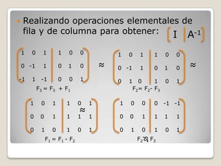 Realizando operaciones elementales de fila y de columna para obtener: ≈			      ≈			      ≈I		 A-1 1		 0	 1 0	 -1	 1-1		 1	-1 1		 0	 0 0	  1	 0 0		 0	 1 1		 0	 1 0	 -1	 1 0		 1	0 1		 0	 0 0	  1	 0 1		 0	 1F3 = F3  + F1F2= F2- F3 1		 0	 1 1	 	 1	 1 1		 0	 1 1		 0	 0 0	  0	 1 0		 1	 0 1		 0	 1 0	  0	 1 0		 1	 0 0		-1	-1 1	  1	 1 1		 0	 1F1 = F1 - F2F2⇔ F3