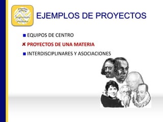 EJEMPLOS DE PROYECTOS
EQUIPOS	DE	CENTRO
PROYECTOS	DE	UNA	MATERIA
INTERDISCIPLINARES	Y	ASOCIACIONES
 