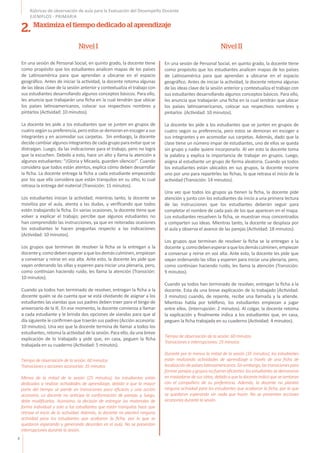 4
Rúbricas de observación de aula para la Evaluación del Desempeño Docente
EJEMPLOS - PRIMARIA
En una sesión de Personal Social, en quinto grado, la docente tiene
como propósito que los estudiantes analicen mapas de los países
de Latinoamérica para que aprendan a ubicarse en el espacio
geográfico. Antes de iniciar la actividad, la docente retoma algunas
de las ideas clave de la sesión anterior y contextualiza el trabajo con
sus estudiantes desarrollando algunos conceptos básicos. Para ello,
les anuncia que trabajarán una ficha en la cual tendrán que ubicar
los países latinoamericanos, colocar sus respectivos nombres y
pintarlos (Actividad: 10 minutos).
La docente les pide a los estudiantes que se junten en grupos de
cuatrosegúnsupreferencia,peroestossedemoranenescogerasus
integrantes y en acomodar sus carpetas. Sin embargo, la docente
decidecambiaralgunosintegrantesdecadagrupoparaevitarquese
distraigan. Luego, da las indicaciones para el trabajo, pero no logra
que la escuchen. Debido a esto, hace un alto y llama la atención a
algunos estudiantes: “¡Gloria y Micaela, guarden silencio!”. Cuando
considera que todos están atentos, explica cómo deben desarrollar
la ficha. La docente entrega la ficha a cada estudiante empezando
por los que ella considera que están tranquilos en su sitio, lo cual
retrasa la entrega del material (Transición: 15 minutos).
Los estudiantes inician la actividad; mientras tanto, la docente se
moviliza por el aula, atenta a las dudas, y verificando que todos
estén trabajando la ficha. En varias ocasiones, la docente tiene que
volver a explicar el trabajo; percibe que algunos estudiantes no
han comprendido las instrucciones, ya que en reiteradas ocasiones
los estudiantes le hacen preguntas respecto a las indicaciones
(Actividad: 10 minutos).
Los grupos que terminan de resolver la ficha se la entregan a la
docentey,comodebenesperaraquelosdemásculminen,empiezan
a conversar y reírse en voz alta. Ante esto, la docente les pide que
vayan ordenando las sillas y esperen para iniciar una plenaria, pero,
como continúan haciendo ruido, les llama la atención (Transición:
10 minutos).
Cuando ya todos han terminado de resolver, entregan la ficha a la
docente quién se da cuenta que se está olvidando de asignar a los
estudiantes las viandas que sus padres deben traer para el bingo de
aniversario de la IE. En ese momento, la docente comienza a llamar
a cada estudiante y le brinda dos opciones de viandas para que al
día siguiente le confirmen que traerán sus padres (Acción accesoria:
10 minutos). Una vez que la docente termina de llamar a todos los
estudiantes, retoma la actividad de la sesión. Para ello, da una breve
explicación de lo trabajado y pide que, en casa, peguen la ficha
trabajada en su cuaderno (Actividad: 5 minutos).
En una sesión de Personal Social, en quinto grado, la docente tiene
como propósito que los estudiantes analicen mapas de los países
de Latinoamérica para que aprendan a ubicarse en el espacio
geográfico. Antes de iniciar la actividad, la docente retoma algunas
de las ideas clave de la sesión anterior y contextualiza el trabajo con
sus estudiantes desarrollando algunos conceptos básicos. Para ello,
les anuncia que trabajarán una ficha en la cual tendrán que ubicar
los países latinoamericanos, colocar sus respectivos nombres y
pintarlos (Actividad: 10 minutos).
La docente les pide a los estudiantes que se junten en grupos de
cuatro según su preferencia, pero estos se demoran en escoger a
sus integrantes y en acomodar sus carpetas. Además, dado que la
clase tiene un número impar de estudiantes, uno de ellos se queda
sin grupo y nadie quiere incorporarlo. Al ver esto la docente toma
la palabra y explica la importancia de trabajar en grupos. Luego,
asigna al estudiante un grupo de forma aleatoria. Cuando ya todos
los estudiantes están ubicados en sus grupos, la docente recorre
uno por uno para repartirles las fichas, lo que retrasa el inicio de la
actividad (Transición: 14 minutos).
Una vez que todos los grupos ya tienen la ficha, la docente pide
atención y junto con los estudiantes da inicio a una primera lectura
de las instrucciones que los estudiantes deberán seguir para
completar el nombre de cada país de los que aparecen en el mapa.
Los estudiantes resuelven la ficha, se muestran muy concentrados
y comparten sus ideas. Mientras tanto, la docente se desplaza por
el aula y observa el avance de las parejas (Actividad: 18 minutos).
Los grupos que terminan de resolver la ficha se la entregan a la
docente y,comodebenesperaraquelosdemásculminen,empiezan
a conversar y reírse en voz alta. Ante esto, la docente les pide que
vayan ordenando las sillas y esperen para iniciar una plenaria, pero,
como continúan haciendo ruido, les llama la atención (Transición:
9 minutos).
Cuando ya todos han terminado de resolver, entregan la ficha a la
docente. Esta da una breve explicación de lo trabajado (Actividad:
3 minutos) cuando, de repente, recibe una llamada y la atiende.
Mientras habla por teléfono, los estudiantes empiezan a jugar
entre ellos. (Interrupción: 2 minutos). Al colgar, la docente retoma
la explicación y finalmente indica a los estudiantes que, en casa,
peguen la ficha trabajada en su cuaderno (Actividad: 4 minutos).
Nivel I Nivel II
2. Maximiza el tiempo dedicado al aprendizaje
Tiempo de observación de la sesión: 60 minutos
Transiciones y acciones accesorias: 35 minutos
Menos de la mitad de la sesión (25 minutos), los estudiantes están
dedicados a realizar actividades de aprendizaje, debido a que la mayor
parte del tiempo se pierde en transiciones poco eficaces y una acción
accesoria. La docente no anticipa la conformación de parejas y, luego,
debe modificarlas. Asimismo, la decisión de entregar los materiales de
forma individual y solo a los estudiantes que están tranquilos hace que
retrase el inicio de la actividad. Además, la docente no planteó ninguna
actividad para los estudiantes que acabaron la ficha, por lo que se
quedaron esperando y generando desorden en el aula. No se presentan
interrupciones durante la sesión.
Tiempo de observación de la sesión: 60 minutos
Transiciones e interrupciones: 25 minutos
Durante por lo menos la mitad de la sesión (35 minutos), los estudiantes
están realizando actividades de aprendizaje a través de una ficha de
localizacióndepaíseslatinoamericanos.Sinembargo,lastransicionespara
formarparejasygruposnofueroneficientes:losestudiantessedemoraron
en trasladarse de sus sitios, debido a que la docente indicó que se sentaran
con el compañero de su preferencia. Además, la docente no planteó
ninguna actividad para los estudiantes que acabaron la ficha, por lo que
se quedaron esperando sin nada que hacer. No se presentan acciones
accesorias durante la sesión.
 