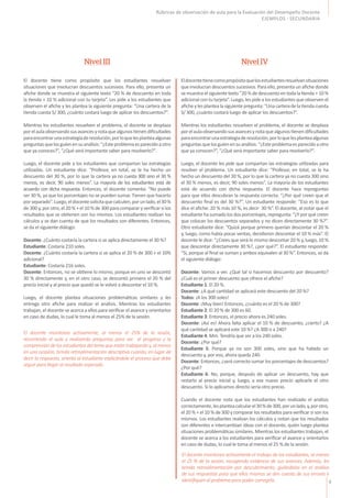 9
Rúbricas de observación de aula para la Evaluación del Desempeño Docente
EJEMPLOS - SECUNDARIA
El docente tiene como propósito que los estudiantes resuelvan
situaciones que involucran descuentos sucesivos. Para ello, presenta un
afiche donde se muestra el siguiente texto “20 % de descuento en toda
la tienda + 10 % adicional con tu tarjeta”. Les pide a los estudiantes que
observen el afiche y les plantea la siguiente pregunta: “Una cartera de la
tienda cuesta S/ 300, ¿cuánto costará luego de aplicar los descuentos?”.
Mientras los estudiantes resuelven el problema, el docente se desplaza
porelaulaobservandosusavancesynotaquealgunostienendificultades
paraencontrarunaestrategiaderesolución,porloquelesplanteaalgunas
preguntasquelosguíenensuanálisis:“¿Esteproblemaesparecidoaotro
que ya conoces?”, “¿Qué será importante saber para resolverlo?”.
Luego, el docente pide a los estudiantes que compartan las estrategias
utilizadas. Un estudiante dice: “Profesor, en total, se le ha hecho un
descuento del 30 %, por lo que la cartera ya no cuesta 300 sino el 30 %
menos, es decir, 90 soles menos”. La mayoría de los estudiantes está de
acuerdo con dicha respuesta. Entonces, el docente comenta: “No puede
ser 30 %, ya que los porcentajes no se pueden sumar. Tienen que hacerlo
porseparado”.Luego,eldocentesolicitaquecalculen,porunlado,el30%
de 300 y, por otro, el 20 % + el 10 % de 300 para comparar y verificar si los
resultados que se obtienen son los mismos. Los estudiantes realizan los
cálculos y se dan cuenta de que los resultados son diferentes. Entonces,
se da el siguiente diálogo:
Docente: ¿Cuánto costaría la cartera si se aplica directamente el 30 %?
Estudiante: Costaría 210 soles.
Docente: ¿Cuánto costaría la cartera si se aplica el 20 % de 300 + el 10%
adicional?
Estudiante: Costaría 216 soles.
Docente: Entonces, no se obtiene lo mismo, porque en uno se descontó
30 % directamente y, en el otro caso, se descontó primero el 20 % del
precio inicial y al precio que quedó se le volvió a descontar el 10 %.
Luego, el docente plantea situaciones problemáticas similares y les
entrega otro afiche para realizar el análisis. Mientras los estudiantes
trabajan, el docente se acerca a ellos para verificar el avance y orientarlos
en caso de dudas, lo cual le toma al menos el 25% de la sesión.
Eldocentetienecomopropósitoquelosestudiantesresuelvansituaciones
que involucran descuentos sucesivos. Para ello, presenta un afiche donde
semuestraelsiguientetexto“20%dedescuentoentodalatienda+10%
adicional con tu tarjeta”. Luego, les pide a los estudiantes que observen el
aficheylesplantealasiguientepregunta:“Unacarteradelatiendacuesta
S/ 300, ¿cuánto costará luego de aplicar los descuentos?”.
Mientras los estudiantes resuelven el problema, el docente se desplaza
porelaulaobservandosusavancesynotaquealgunostienendificultades
paraencontrarunaestrategiaderesolución,porloquelesplanteaalgunas
preguntasquelosguíenensuanálisis:“¿Esteproblemaesparecidoaotro
que ya conocen?”, “¿Qué será importante saber para resolverlo?”.
Luego, el docente les pide que compartan las estrategias utilizadas para
resolver el problema. Un estudiante dice: “Profesor, en total, se le ha
hecho un descuento del 30 %, por lo que la cartera ya no cuesta 300 sino
el 30 % menos, es decir, 90 soles menos”. La mayoría de los estudiantes
está de acuerdo con dicha respuesta. El docente hace repreguntas
para que ellos descubran la respuesta correcta: “¿Por qué creen que el
descuento final es del 30 %?”. Un estudiante responde: “Eso es lo que
dice el afiche: 20 % más 10 %, es decir 30 %”. El docente, al notar que el
estudiantehasumadolosdosporcentajes,repregunta:“¿Yporquécreen
que colocan los descuentos separados y no dicen directamente 30 %?”.
Otro estudiante dice: “Quizá porque primero querían descontar el 20 %
y, luego, como había pocas ventas, decidieron descontar el 10 % más”. El
docente le dice: “¿Crees que será lo mismo descontar 20 % y, luego, 10 %
que descontar directamente 30 %?, ¿por qué?”. El estudiante responde:
“Sí, porque al final se suman y ambos equivalen al 30 %”. Entonces, se da
el siguiente diálogo:
Docente: Vamos a ver. ¿Qué tal si hacemos descuento por descuento?
¿Cuál es el primer descuento que ofrece el afiche?
Estudiante 1: El 20 %.
Docente: ¿A qué cantidad se aplicará este descuento del 20 %?
Todos: ¡A los 300 soles!
Docente: ¡Muy bien! Entonces, ¿cuánto es el 20 % de 300?
Estudiante 2: El 20 % de 300 es 60.
Estudiante 3: Entonces, el precio ahora es 240 soles.
Docente: ¡Así es! Ahora falta aplicar el 10 % de descuento, ¿cierto? ¿A
qué cantidad se aplicará este 10 %? ¿A 300 o a 240?
Estudiante 4: Mm. Tendría que ser a los 240 soles.
Docente: ¿Por qué?
Estudiante 5: Porque ya no son 300 soles, sino que ha habido un
descuento y, por eso, ahora queda 240.
Docente: Entonces, ¿será correcto sumar los porcentajes de descuentos?
¿Por qué?
Estudiante 6: No, porque, después de aplicar un descuento, hay que
restarlo al precio inicial y, luego, a ese nuevo precio aplicarle el otro
descuento. Si lo aplicamos directo sería otro precio.
Cuando el docente nota que los estudiantes han realizado el análisis
correctamente,lesplanteacalcularel30%de300,porunlado,y,porotro,
el 20 % + el 10 % de 300 y comparar los resultados para verificar si son los
mismos. Los estudiantes realizan los cálculos y notan que los resultados
son diferentes e intercambian ideas con el docente, quién luego plantea
situaciones problemáticas similares. Mientras los estudiantes trabajan, el
docente se acerca a los estudiantes para verificar el avance y orientarlos
en caso de dudas, lo cual le toma al menos el 25 % de la sesión.
Nivel III Nivel IV
El docente monitorea activamente, al menos el 25% de la sesión,
recorriendo el aula y realizando preguntas para ver el progreso y la
comprensión de los estudiantes del tema que están trabajando y, al menos
en una ocasión, brinda retroalimentación descriptiva cuando, en lugar de
decir la respuesta, orienta al estudiante explicándole el proceso que debe
seguir para llegar al resultado esperado.
El docente monitorea activamente el trabajo de los estudiantes, al menos
el 25 % de la sesión, recogiendo evidencia de sus avances. Además, les
brinda retroalimentación por descubrimiento, guiándolos en el análisis
de sus respuestas para que ellos mismos se den cuenta de sus errores e
identifiquen el problema para poder corregirlo.
 