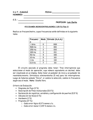 I.U.T. CUMANÁ                 FECHA:________________________
NOMBRES: _________________________________________________
           _________________________________________________
C.I.: ______________________
      ______________________           PROFESOR: Luis Zurita

             4TO EXAMEN MICROCONTROLADORES I (25 %) (Tipo C)


Realice un frecuencímetro, cuyas frecuencias están definidas en la siguiente
tabla:

                    Frecuenci    Modo Entrada (A2A1A0)
                    a
                     1 KHz         0            000
                    500 Hz         1            001
                    250 Hz         2            010
                    100 Hz         3            011
                    50 Hz          4            100
                    10 Hz          5            101
                    1 Hz           6            110
                    0,5 Hz         7            111

       El circuito asociado al programa debe tener: Tres interruptores que
seleccionan el modo de operación, cuyo número equivalente en decimal, debe
ser visualizado en un display. Debe tener un pulsador de inicio y un pulsador de
reestablecimiento. Introduzca eliminarebotes (5 ms) para los interruptores.
Luego de haberse pulsado “Inicio”, si cambia la selección, cambia la frecuencia
según sea el modo. Nota: Diseño libre.

Criterio de Evaluación:
   • Diagrama de flujo (3 %)
   • Descripción de Pines involucrados (0,5 %)
   • Declaración de registros, variables y configuración de puertos (0,5 %)
   • Cálculos (Si los lleva) (3 %)
   • Hardware (1 %)
   • Programa (17 %):
          o Cada error lógico 8,5 % menos c/u.
          o Cada error menor 2,125 % menos c/u.
 