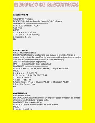 ALGORITMO #1
ALGORITMO: Promedio
DESCRIPCIÓN: Calcular la media (promedio) de 3 números
CONSTANTES: --------------------------------
VARIABLES: Entero: N1, N2, N3
Real: Prom
INICIO
1 . L e e r N 1, N2, N3
2 . P r o m = ( N 1+ N2+N3)/3
3 . E s c r i b i r P r o m
FIN
ALGORITMO #2
ALGORTMO: Promedio final
DESCRIPCCION: Elaborar un algoritmo para calcular el promedio final de la
materia de algoritmos. Dicha calificación se compone delos siguientes porcentajes.
55% -----del promedio final de sus calificaciones parciales (3)
30% ----- de la calificación de promedio
15% ----- de la calificación de un trabajo final
CONSTANTE: ----------------------------------
VARIABLE: Real: P1, P2, P3, Prom., Examen, TrabajoF, Prom. Final
INICIO
1 . L e e r P 1, P2, P3
2 . P r o m = ( ( P 1+ P2+ P3)/3)*0.55
3 . L e e r E x a m e n
4 . L e e r T r a b a j o F
5.Prom. Final= (Prom + (Examen*0.30) + (TrabajoF *0.15) )
6.Escribir Prom. Final
FIN
ALGORITMO#3
ALGORITMO: Sueldo
DESCRIPCCION: Calcular el sueldo de un empleado dados comodatos de entrada:
el nombre, hrs. De trabajo y el pago en hr.
CONSTANTE: Real: Pagohr=50.30
VARIABLE: Cadena: nombre Entero: hrs. Real: Sueldo
INICIO
1 . L e e r n o m b r e
 