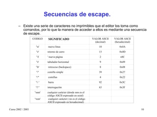 Secuencias de escape.
        – Existe una serie de caracteres no imprimibles que el editor los toma como
          comandos, por lo que la manera de acceder a ellos es mediante una secuencia
          de escape.
                    CODIGO     SIGNIFICADO                             VALOR ASCII   VALOR ASCII
                                                                         (decimal)   (hexadecimal)
                      'n'     nueva línea                                 10            0x0A
                      'r'     retorno de carro                            13            0x0D
                       'f     ' nueva página                               2            x0C
                      't'     tabulador horizontal                         9            0x09
                      'b'     retroceso (backspace)                        8            0x08
                      '''     comilla simple                              39            0x27
                      '"'     comillas                                     4            0x22
                      ' '    barra                                       92            0x5C
                      '? '    interrogación                               63            0x3F
                     'nnn'    cualquier carácter (donde nnn es el
                               código ASCII expresado en octal)
                     'xnn'     cualquier carácter ( nn es el código
                               ASCII expresado en hexadecimal)

Curso 2002 / 2003                                                                                    10
 