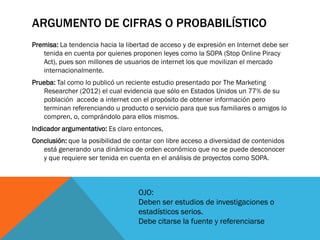 ARGUMENTO DE CIFRAS O PROBABILÍSTICO
Premisa: La tendencia hacia la libertad de acceso y de expresión en Internet debe ser
   tenida en cuenta por quienes proponen leyes como la SOPA (Stop Online Piracy
   Act), pues son millones de usuarios de internet los que movilizan el mercado
   internacionalmente.
Prueba: Tal como lo publicó un reciente estudio presentado por The Marketing
   Researcher (2012) el cual evidencia que sólo en Estados Unidos un 77% de su
   población accede a internet con el propósito de obtener información pero
   terminan referenciando u producto o servicio para que sus familiares o amigos lo
   compren, o, comprándolo para ellos mismos.
Indicador argumentativo: Es claro entonces,
Conclusión: que la posibilidad de contar con libre acceso a diversidad de contenidos
   está generando una dinámica de orden económico que no se puede desconocer
   y que requiere ser tenida en cuenta en el análisis de proyectos como SOPA.



                                   OJO:
                                   Deben ser estudios de investigaciones o
                                   estadísticos serios.
                                   Debe citarse la fuente y referenciarse
 