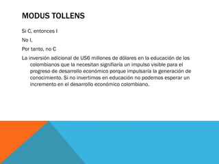 MODUS TOLLENS
Si C, entonces I
No I,
Por tanto, no C
La inversión adicional de US6 millones de dólares en la educación de los
    colombianos que la necesitan signifiaría un impulso visible para el
    progreso de desarrollo económico porque impulsaría la generación de
    conocimiento. Si no invertimos en educación no podemos esperar un
    incremento en el desarrollo económico colombiano.
 