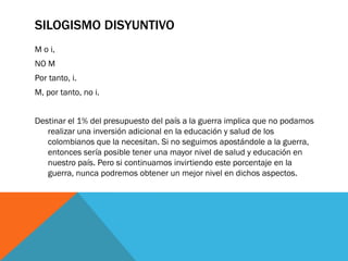 SILOGISMO DISYUNTIVO
M o i,
NO M
Por tanto, i.
M, por tanto, no i.


Destinar el 1% del presupuesto del país a la guerra implica que no podamos
   realizar una inversión adicional en la educación y salud de los
   colombianos que la necesitan. Si no seguimos apostándole a la guerra,
   entonces sería posible tener una mayor nivel de salud y educación en
   nuestro país. Pero si continuamos invirtiendo este porcentaje en la
   guerra, nunca podremos obtener un mejor nivel en dichos aspectos.
 