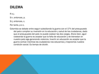 DILEMA
R o j.
Si r, entonces, p.
Si j, entonces, c.
Por tanto, p o c.
Colombia se debate entre seguir subsidiando la guerra con el 17% del presupuesto
    del país o ampliar su inversión en la educación y salud de los ciudadanos, dado
    que el presupuesto del país no puede costear las dos cargas. Ahora bien, sguir
    costeando la guerra es aceptar que la falta de educación y de bienestar en
    nuestro país siga generando violencia. Invertir en educación es aceptar que la
    guerra contúe mientras los ciudadanos nos educamos y mejoramos nuestra
    condición social. Es tiempo de dicidir.
 