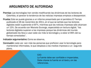 ARGUMENTO DE AUTORIDAD
Premisa: Las tecnologías han venido modificando las dinámicas de los lectores de
   Colombia, al parecer la tendencia de las noticias impresas empieza a desaparecer.
Prueba: Esto se puede gracias a un informe presentado por el periódico El Tiempo
   publicado el 26 de noviembre de 2011, en el que se señala que los lectores
   digitales están superando el 87%, mientras que las noticias impresas sólo alcanzan
   un 13%. De acuerdo con Marcela Durango, especialista en lectura digital, “los
   lectores digitales superan a los impresos porque las dinámicas del mundo
   globalizado los lleva a usar cada vez más la tecnología y a estar el 99% del su
   tiempo conectados”.
Indicador argumentativo: Como se observa,
Conclusión: cada vez son más las personas que prefieren usar la tecnología para
   mantenerse informadas, lo que desplaza a los medios impresos a un segundo
   plano.

                                  OJO:
                                  La fuente debe ser confiable e imparciales.
                                  Debe citarse la fuente en el texto y en las
                                  referencias.
 