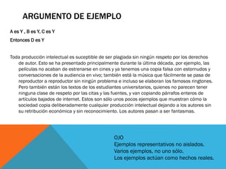 ARGUMENTO DE EJEMPLO
A es Y , B es Y, C es Y
Entonces D es Y


Toda producción intelectual es suceptible de ser plagiada sin ningún respeto por los derechos
   de autor. Esto se ha presentado principalmente durante la última década, por ejemplo, las
   películas no acaban de estrenarse en cines y ya tenemos una copia falsa con estornudos y
   conversaciones de la audiencia en vivo; también está la música que fácilmente se pasa de
   reproductor a reproductor sin ningún problema e incluso se elaboran los famosos ringtones.
   Pero también están los textos de los estudiantes universitarios, quienes no parecen tener
   ninguna clase de respeto por las citas y las fuentes, y van copiando párrafos enteros de
   artículos bajados de internet. Estos son sólo unos pocos ejemplos que muestran cómo la
   sociedad copia deliberadamente cualquier producción intelectual dejando a los autores sin
   su retribución económica y sin reconocimiento. Los autores pasan a ser fantasmas.




                                               OJO
                                               Ejemplos representativos no aislados.
                                               Varios ejemplos, no uno sólo.
                                               Los ejemplos actúan como hechos reales.
 