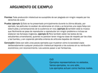 ARGUMENTO DE EJEMPLO

Premisa: Toda producción intelectual es suceptible de ser plagiada sin ningún respeto por los
   derechos de autor.
Prueba: (ejemplo 1) Esto se ha presentado principalmente durante la última década, por
   ejemplo, las películas no acaban de estrenarse en cines y ya tenemos una copia falsa con
   estornudos y conversaciones de la audiencia en vivo; (ejemplo 2) también está la música
   que fácilmente se pasa de reproductor a reproductor sin ningún problema e incluso se
   elaboran los famosos ringtones. (ejemplo 3) Pero también están los textos de los
   estudiantes universitarios, quienes no parecen tener ninguna clase de respeto por las citas
   y las fuentes, y van copiando párrafos enteros de artículos bajados de internet.
Conclusión: Estos son sólo unos pocos ejemplos que muestran cómo la sociedad copia
   deliberadamente cualquier producción intelectual dejando a los autores sin su retribución
   económica y sin reconocimiento. Los autores pasan a ser fantasmas.




                                                 OJO
                                                 Ejemplos representativos no aislados.
                                                 Varios ejemplos, no uno sólo.
                                                 Los ejemplos actuan como hechos reales.
 