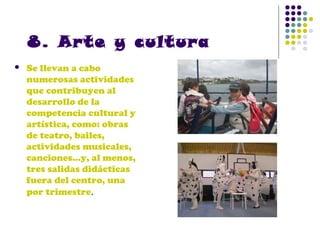 8. Arte y cultura


Se llevan a cabo
numerosas actividades
que contribuyen al
desarrollo de la
competencia cultural y
artística, como: obras
de teatro, bailes,
actividades musicales,
canciones…y, al menos,
tres salidas didácticas
fuera del centro, una
por trimestre.

 