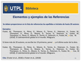 Elementos y ejemplos de las Referencias
Se deben proporcionar en la lista de referencias los apellidos e iniciales de hasta 20 autores
Ejemplos:
Foster, M., Thompson, A., Pérez, G., Moore, D., Torres, G., Peterson, H., Foster, M.,
Thompson, A., Pérez, G., Moore, D., Torres, G., Peterson, H., Foster, M.,
Thompson, A., Pérez, G., Moore, D., Torres, G., Peterson, H., Foster, M., y Cox, W.
(2018). El calentamiento global en el mundo. Alfaguara.
Si tiene más de 20 autores, se escribe los 19 primeros, poner … y el último autor de la obra.
Foster, M., Thompson, A., Pérez, G., Moore, D., Torres, G., Peterson, H., Foster, M.,
Thompson, A., Pérez, G., Moore, D., Torres, G., Peterson, H., Foster, M.,
Thompson, A., Pérez, G., Moore, D., Torres, G., Peterson, H., Foster, M., … Cox, W.
(2018). El calentamiento global en el mundo. Alfaguara.
Cita: (Foster et al., 2018) o Foster et al., (2018) 33
 