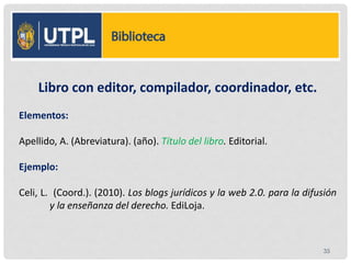 Libro con editor, compilador, coordinador, etc.
Elementos:
Apellido, A. (Abreviatura). (año). Título del libro. Editorial.
Ejemplo:
Celi, L. (Coord.). (2010). Los blogs jurídicos y la web 2.0. para la difusión
y la enseñanza del derecho. EdiLoja.
35
 