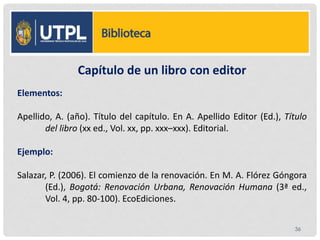 Capítulo de un libro con editor
Elementos:
Apellido, A. (año). Título del capítulo. En A. Apellido Editor (Ed.), Título
del libro (xx ed., Vol. xx, pp. xxx–xxx). Editorial.
Ejemplo:
Salazar, P. (2006). El comienzo de la renovación. En M. A. Flórez Góngora
(Ed.), Bogotá: Renovación Urbana, Renovación Humana (3ª ed.,
Vol. 4, pp. 80-100). EcoEdiciones.
36
 
