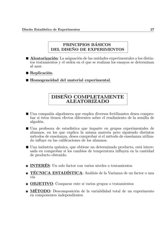 Diseño Estadístico de Experimentos 27
PRINCIPIOS BÁSICOS
DEL DISEÑO DE EXPERIMENTOS
¥ Aleatorización: La asignación de las unidades experimentales a los distin-
tos tratamientos y el orden en el que se realizan los ensayos se determinan
al azar.
¥ Replicación.
¥ Homogeneidad del material experimental.
DISEÑO COMPLETAMENTE
ALEATORIZADO
¥ Una compañía algodonera que emplea diversos fertilizantes desea compro-
bar si éstos tienen efectos diferentes sobre el rendimiento de la semilla de
algodón.
¥ Una profesora de estadística que imparte en grupos experimentales de
alumnos, en los que explica la misma materia pero siguiendo distintos
métodos de enseñanza, desea comprobar si el método de enseñanza utiliza-
do inﬂuye en las caliﬁcaciones de los alumnos.
¥ Una industria química, que obtiene un determinado producto, está intere-
sada en comprobar si los cambios de temperatura inﬂuyen en la cantidad
de producto obtenido.
F INTERÉS: Un solo factor con varios niveles o tratamientos
F TÉCNICA ESTADÍSTICA: Análisis de la Varianza de un factor o una
vía
F OBJETIVO: Comparar ente sí varios grupos o tratamientos
F MÉTODO: Descomposición de la variabilidad total de un experimento
en componentes independientes
 