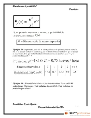 Distribuciones de probabilidad
                                                                            Estadística




Ejemplo #4.-En promedio, cada una de las 18 gallinas de un gallinero pone un huevo al
día. Si se recogen los huevos cada hora ¿Cuál es el número medio de huevos que se recogen
en cada visita? ¿Con qué probabilidad encontraremos x huevos para 0,1, 2, 3x =? ¿y la
probabilidad de que4x = ?




Ejemplo #5.- Un estudiante observa que una muestra de Torio emite 49
partículas en 30 minutos ¿Cuál es la tasa de emisión? ¿Cuál es la tasa en
partículas por minuto?




Luis Alberto García Aguilar
                                  Procesos Industriales Área Manufactura 2° “B”
 