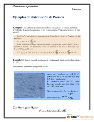 Distribuciones de probabilidad
                                                                           Estadística


Ejemplos de distribución de Poisson


Ejemplo #1.-En un taller se averían una media de 2 máquinas a la semana. Calcula la
probabilidad de que no haya ninguna avería en una semana. ¿Y de que haya menos de 6 en
un mes?




Ejemplo #2.- Guerra Mundial: bombardeo de Londres desde Calais con bombas volantes
V1 y V2

Los alemanes, ¿apuntaban o disparaban al azar?




Luis Alberto García Aguilar
                                 Procesos Industriales Área Manufactura 2° “B”
 