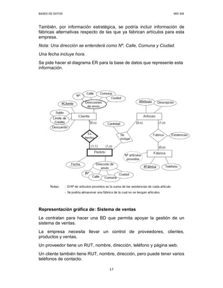 BASES DE DATOS MIS 308
17
También, por información estratégica, se podría incluir información de
fábricas alternativas respecto de las que ya fabrican artículos para esta
empresa.
Nota: Una dirección se entenderá como Nº, Calle, Comuna y Ciudad.
Una fecha incluye hora.
Se pide hacer el diagrama ER para la base de datos que represente esta
información.
Representación gráfica de: Sistema de ventas
Le contratan para hacer una BD que permita apoyar la gestión de un
sistema de ventas.
La empresa necesita llevar un control de proveedores, clientes,
productos y ventas.
Un proveedor tiene un RUT, nombre, dirección, teléfono y página web.
Un cliente también tiene RUT, nombre, dirección, pero puede tener varios
teléfonos de contacto.
 