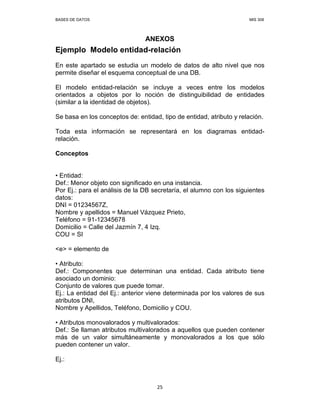 BASES DE DATOS MIS 308
25
ANEXOS
Ejemplo Modelo entidad-relación
En este apartado se estudia un modelo de datos de alto nivel que nos
permite diseñar el esquema conceptual de una DB.
El modelo entidad-relación se incluye a veces entre los modelos
orientados a objetos por lo noción de distinguibilidad de entidades
(similar a la identidad de objetos).
Se basa en los conceptos de: entidad, tipo de entidad, atributo y relación.
Toda esta información se representará en los diagramas entidad-
relación.
Conceptos
• Entidad:
Def.: Menor objeto con significado en una instancia.
Por Ej.: para el análisis de la DB secretaría, el alumno con los siguientes
datos:
DNI = 01234567Z,
Nombre y apellidos = Manuel Vázquez Prieto,
Teléfono = 91-12345678
Domicilio = Calle del Jazmín 7, 4 Izq.
COU = SI
<e> = elemento de
• Atributo:
Def.: Componentes que determinan una entidad. Cada atributo tiene
asociado un dominio:
Conjunto de valores que puede tomar.
Ej.: La entidad del Ej.: anterior viene determinada por los valores de sus
atributos DNI,
Nombre y Apellidos, Teléfono, Domicilio y COU.
• Atributos monovalorados y multivalorados:
Def.: Se llaman atributos multivalorados a aquellos que pueden contener
más de un valor simultáneamente y monovalorados a los que sólo
pueden contener un valor.
Ej.:
 