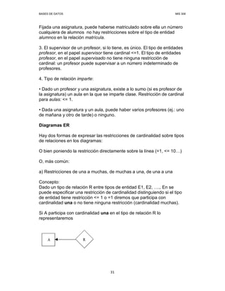 BASES DE DATOS MIS 308
31
Fijada una asignatura, puede haberse matriculado sobre ella un número
cualquiera de alumnos no hay restricciones sobre el tipo de entidad
alumnos en la relación matrícula.
3. El supervisor de un profesor, si lo tiene, es único. El tipo de entidades
profesor, en el papel supervisor tiene cardinal <=1. El tipo de entidades
profesor, en el papel supervisado no tiene ninguna restricción de
cardinal: un profesor puede supervisar a un número indeterminado de
profesores.
4. Tipo de relación imparte:
• Dado un profesor y una asignatura, existe a lo sumo (si es profesor de
la asignatura) un aula en la que se imparte clase. Restricción de cardinal
para aulas: <= 1.
• Dada una asignatura y un aula, puede haber varios profesores (ej.: uno
de mañana y otro de tarde) o ninguno.
Diagramas ER
Hay dos formas de expresar las restricciones de cardinalidad sobre tipos
de relaciones en los diagramas:
O bien poniendo la restricción directamente sobre la línea (=1, <= 10 )
O, más común:
a) Restricciones de una a muchas, de muchas a una, de una a una
Concepto:
Dado un tipo de relación R entre tipos de entidad E1, E2, ., En se
puede especificar una restricción de cardinalidad distinguiendo si el tipo
de entidad tiene restricción <= 1 o =1 diremos que participa con
cardinalidad una o no tiene ninguna restricción (cardinalidad muchas).
Si A participa con cardinalidad una en el tipo de relación R lo
representaremos
 
