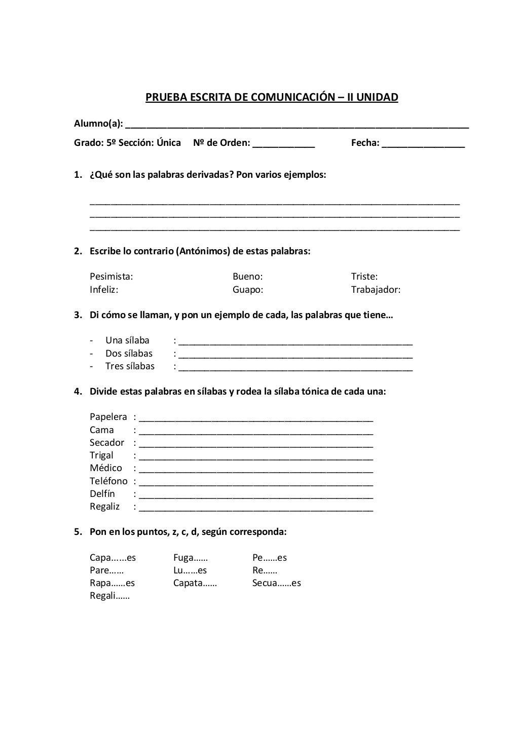 Ejemplos de examen de quinto grado de primaria