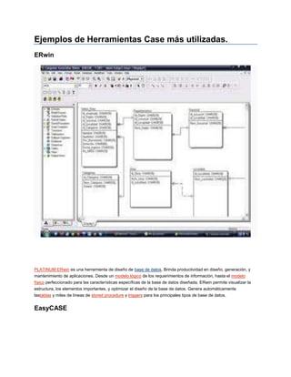 Ejemplos de Herramientas Case más utilizadas.<br />ERwin<br />HYPERLINK quot;
http://www.ecured.cu/index.php?title=PLATINUM_ERwin&action=edit&redlink=1quot;
  quot;
PLATINUM ERwin (página no existe)quot;
PLATINUM ERwin es una herramienta de diseño de HYPERLINK quot;
http://www.ecured.cu/index.php/Base_de_datosquot;
  quot;
Base de datosquot;
base de datos. Brinda productividad en diseño, generación, y mantenimiento de aplicaciones. Desde un HYPERLINK quot;
http://www.ecured.cu/index.php?title=Modelo_l%C3%B3gico&action=edit&redlink=1quot;
  quot;
Modelo lógico (página no existe)quot;
modelo lógico de los requerimientos de información, hasta el HYPERLINK quot;
http://www.ecured.cu/index.php?title=Modelo_f%C3%ADsico&action=edit&redlink=1quot;
  quot;
Modelo físico (página no existe)quot;
modelo físico perfeccionado para las características específicas de la base de datos diseñada, ERwin permite visualizar la estructura, los elementos importantes, y optimizar el diseño de la base de datos. Genera automáticamente lastablas y miles de líneas de  HYPERLINK quot;
http://www.ecured.cu/index.php?title=Stored_procedure&action=edit&redlink=1quot;
  quot;
Stored procedure (página no existe)quot;
 stored procedure y  HYPERLINK quot;
http://www.ecured.cu/index.php?title=Triggers&action=edit&redlink=1quot;
  quot;
Triggers (página no existe)quot;
 triggers para los principales tipos de base de datos.<br />EasyCASE<br />EasyCASE Profesional, el centro de productos para procesos,  HYPERLINK quot;
http://www.ecured.cu/index.php?title=Modelamiento_de_datos&action=edit&redlink=1quot;
  quot;
Modelamiento de datos (página no existe)quot;
 modelamiento de datos y eventos, e Ingeniería de Base de Datos, es un producto para la generación de esquemas de base de datos e HYPERLINK quot;
http://www.ecured.cu/index.php?title=Ingenier%C3%ADa_reversa&action=edit&redlink=1quot;
  quot;
Ingeniería reversa (página no existe)quot;
ingeniería reversa, trabaja para proveer una solución comprensible para el diseño, consistencia y documentación del sistema en conjunto.<br />Oracle Designer<br />HYPERLINK quot;
http://www.ecured.cu/index.php?title=Oracle_Designer&action=edit&redlink=1quot;
  quot;
Oracle Designer (página no existe)quot;
Oracle Designer es un juego de herramientas para guardar las definiciones que necesita el usuario y automatizar la construcción rápida de aplicaciones HYPERLINK quot;
http://www.ecured.cu/index.php?title=Cliente/servido&action=edit&redlink=1quot;
  quot;
Cliente/servido (página no existe)quot;
cliente/servidor flexibles y gráficas. Integrado con HYPERLINK quot;
http://www.ecured.cu/index.php?title=Oracle_Developer&action=edit&redlink=1quot;
  quot;
Oracle Developer (página no existe)quot;
Oracle Developer, Oracle Designer provee una solución para desarrollar sistemas empresariales cliente/servidor de HYPERLINK quot;
http://www.ecured.cu/index.php?title=Segunda_generaci%C3%B3n&action=edit&redlink=1quot;
  quot;
Segunda generación (página no existe)quot;
segunda generación.<br />PowerDesigner<br />PowerDesigner es una suite de aplicaciones de  HYPERLINK quot;
http://www.ecured.cu/index.php?title=Powersoft&action=edit&redlink=1quot;
  quot;
Powersoft (página no existe)quot;
 Powersoft para la construcción, diseño y modelado de datos a través de diversasaplicaciones. Es la herramienta para el análisis, diseño inteligente y construcción sólida de una base de datos y un desarrollo orientado a modelos de datos a nivel físico y conceptual, que dan a los desarrolladores Cliente/Servidor la más firme base para aplicaciones de alto rendimiento.<br />System Architect<br />HYPERLINK quot;
http://www.ecured.cu/index.php?title=System_Architect&action=edit&redlink=1quot;
  quot;
System Architect (página no existe)quot;
System Architect posee un repositorio único que integra todas las herramientas, y metodologías usadas. En la elaboración delos diagramas, el System Architect conecta directamente al diccionario de datos, los elementos asociados, comentarios,reglas de validaciones, normalización, etc.Posee control automático de diagramas y datos, normalizaciones y balanceamiento entre diagramas quot;
Padre e Hijoquot;
, además de balanceamiento horizontal, que trabaja integrado con el diccionario de datos, asegurando la compatibilidad entre el Modelode Datos y el Modelo Funcional.<br />SNAP<br />HYPERLINK quot;
http://www.ecured.cu/index.php?title=SNAP&action=edit&redlink=1quot;
  quot;
SNAP (página no existe)quot;
SNAP es un CASE (Ingeniería de Software Asistida por el Computador) para el desarrollo de aplicaciones en HYPERLINK quot;
http://www.ecured.cu/index.php?title=Sistemas_AS/400&action=edit&redlink=1quot;
  quot;
Sistemas AS/400 (página no existe)quot;
Sistemas AS/400 de IBM. Proporciona el ambiente integral de trabajo, brindando la posibilidad de construir sistemas de inmejorable calidad, adheridos a los estándares HYPERLINK quot;
http://www.ecured.cu/index.php?title=S.A.A&action=edit&redlink=1quot;
  quot;
S.A.A (página no existe)quot;
S.A.A de IBM., totalmente documentados y ajustados a los requerimientos específicos de la organización, en una fracción del tiempo y HYPERLINK quot;
http://www.ecured.cu/index.php?title=Coste&action=edit&redlink=1quot;
  quot;
Coste (página no existe)quot;
coste del que se invertiría, si se utilizaran herramientas tradicional<br />Futuro de las Herramientas CASE<br />Las herramientas CASE evolucionan hacia tres tipos de integración: 1. La HYPERLINK quot;
http://www.ecured.cu/index.php?title=Integraci%C3%B3n_de_datos&action=edit&redlink=1quot;
  quot;
Integración de datos (página no existe)quot;
integración de datos permite disponer de herramientas CASE con diferentes estructuras de diccionarios locales para el intercambio de datos. 2. La HYPERLINK quot;
http://www.ecured.cu/index.php?title=Integraci%C3%B3n_de_presentaci%C3%B3n&action=edit&redlink=1quot;
  quot;
Integración de presentación (página no existe)quot;
integración de presentación confiere a todas las herramientas CASE el mismo aspecto. 3. La HYPERLINK quot;
http://www.ecured.cu/index.php?title=Integraci%C3%B3n_de_herramientas&action=edit&redlink=1quot;
  quot;
Integración de herramientas (página no existe)quot;
integración de herramientas permite disponer de herramientas CASE capaces de invocar a otra herramienta CASE de forma<br />Glosario de Definiciones Básicas de CASE<br />CASE: Ayuda por HYPERLINK quot;
http://www.ecured.cu/index.php/Computadoraquot;
  quot;
Computadoraquot;
Computadora a la HYPERLINK quot;
http://www.ecured.cu/index.php/Ingenier%C3%ADa_de_Softwarequot;
  quot;
Ingeniería de Softwarequot;
Ingeniería de Software.<br />TECNOLOGIA CASE: Una HYPERLINK quot;
http://www.ecured.cu/index.php?title=Tecnolog%C3%ADa_del_software&action=edit&redlink=1quot;
  quot;
Tecnología del software (página no existe)quot;
tecnología del software que mantiene una disciplina de la ingeniería automatizada para el desarrollo de software, mantenimiento y dirección de proyecto, incluyeHYPERLINK quot;
http://www.ecured.cu/index.php?title=Metodolog%C3%ADas&action=edit&redlink=1quot;
  quot;
Metodologías (página no existe)quot;
metodologías estructuradas, automatizadas y herramientas automatizadas.<br />HERRAMIENTA CASE: Una HYPERLINK quot;
http://www.ecured.cu/index.php?title=Herramienta_del_software&action=edit&redlink=1quot;
  quot;
Herramienta del software (página no existe)quot;
herramienta del software que automatiza (por lo menos en parte) una parte del HYPERLINK quot;
http://www.ecured.cu/index.php?title=Ciclo_de_desarrollo_de_software&action=edit&redlink=1quot;
  quot;
Ciclo de desarrollo de software (página no existe)quot;
ciclo de desarrollo de software.<br />SISTEMA CASE: Un conjunto de herramientas CASE integradas que comparten una HYPERLINK quot;
http://www.ecured.cu/index.php?title=Interface_del_usuario&action=edit&redlink=1quot;
  quot;
Interface del usuario (página no existe)quot;
interface del usuario común y corren en un ambiente computacional común.<br />KIT de HERRAMIENTAS CASE: Un conjunto de herramientas CASE integradas que se han diseñado para trabajar juntas y automatizar (o proveer ayuda automatizada al ciclo de desarrollo de software, incluyendo el HYPERLINK quot;
http://www.ecured.cu/index.php?title=An%C3%A1lisis&action=edit&redlink=1quot;
  quot;
Análisis (página no existe)quot;
análisis, HYPERLINK quot;
http://www.ecured.cu/index.php?title=Dise%C3%B1o&action=edit&redlink=1quot;
  quot;
Diseño (página no existe)quot;
diseño, HYPERLINK quot;
http://www.ecured.cu/index.php?title=Codificaci%C3%B3n&action=edit&redlink=1quot;
  quot;
Codificación (página no existe)quot;
codificación y prueba).<br />METODOLOGIA CASE: Un automatizable HYPERLINK quot;
http://www.ecured.cu/index.php?title=Metodolog%C3%ADa_estructurada&action=edit&redlink=1quot;
  quot;
Metodología estructurada (página no existe)quot;
metodología estructurada que define una disciplina e ingeniería como un acercamiento a todos o algunos aspectos del desarrollo y mantenimiento de software.<br />PUESTO DE TRABAJO para CASE: Una HYPERLINK quot;
http://www.ecured.cu/index.php?title=Estaci%C3%B3n_de_trabajo&action=edit&redlink=1quot;
  quot;
Estación de trabajo (página no existe)quot;
estación de trabajo técnica, diseñada a 32 HYPERLINK quot;
http://www.ecured.cu/index.php/Bitsquot;
  quot;
Bitsquot;
bits o computadora personal equipada con Herramientas Case que automatiza varias funciones del HYPERLINK quot;
http://www.ecured.cu/index.php?title=Ciclo&action=edit&redlink=1quot;
  quot;
Ciclo (página no existe)quot;
ciclo.<br />PLATAFORMA de HARDWARE para CASE: Una arquitectura de hardware con uno, dos o tres sistemas puestos en línea, que proveen una HYPERLINK quot;
http://www.ecured.cu/index.php?title=Plataforma_operativa&action=edit&redlink=1quot;
  quot;
Plataforma operativa (página no existe)quot;
plataforma operativa para las Herramientas Case.<br />Véase también<br />Entorno de desarrollo integrado<br />Ingeniería del software<br />Lenguaje Unificado de Modelado<br />Herramientas UML<br />Rational Rose Enterprise Edition<br />Rational Rose vs Visual Parading<br />