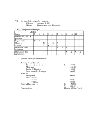 VII.- Universo de investigación y muestra:
            Universo:      Ambiente de UCI
            Muestra :      Hisopados de superficies y aire.

VIII.- Cronograma del Trabajo :
                  MESES
Etapas            1    2     3       4      5   6     7       8     9     10      11   12
Elaboración del X      X
proyecto
Organización           X     X
Muestreo                             X      X   X     X
Análisis                             X      X   X     X
Evaluación de los                               X     X       X     X
Resultados
Elaboración final                                                   X     X       X    X
del informe

XI.-   Recursos costos y Finaciamientos :

       Bienes y Bienes de capital :
              Libros, revistas , copias                           S/.    100.00
              Materiales                                                 2500.00
              Equipo de Limpieza                                         150.00
              Otros materiales de trabajo                                100.00
       Servicios :
              Transportes                                                400.00
              Otros servicios
                     Internet                                            50.00
                     Teléfono                                            200.00
       Costo del Proyecto :                                       S/.    3 500.00
                                                                  $.     1008.65
       Financiamiento       :                                     Hospital Militar Central
 