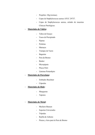 -   Propóleo: 20g (resinas).
             -   Cepas de Staphylococcus aureus ATCC 29737.
             -   Cepas de Staphylococcus aureus, aislado de muestras
                 Clínicas Patológicas.
-   Materiales de Vidrio:

             -   Tubos de Ensayo
             -   Vasos de Precipitado
             -   Pipetas
             -   Probetas
             -   Matraces
             -   Trampas de Vacío
             -   Baguetas
             -   Pera de Bromo
             -   Beaker
             -   Micropipeta
             -   Placas Petri
             -   Láminas Portaobjeto
-   Materiales de Porcelana:

             -   Embudos Buschner
             -   Cápsulas
-   Materiales de Hule:

             -   Mangueras
             -   Tapones


-   Materiales de Metal:

             -   Mechero Bunsen
             -   Soportes Universales
             -   Trípodes
             -   Rejilla de Asbesto
             -   Pinzas y Aros para la Pera de Bromo
 
