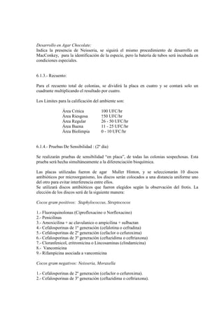 Desarrollo en Agar Chocolate:
Indica la presencia de Neisseria, se siguirá el mismo procedimiento de desarrollo en
MacConkey, para la identificación de la especie, pero la batería de tubos será incubada en
condiciones especiales.


6.1.3.- Recuento:

Para el recuento total de colonias, se dividirá la placa en cuatro y se contará solo un
cuadrante multiplicando el resultado por cuatro.

Los Limites para la calificación del ambiente son:

               Área Critica          100 UFC/hr
               Área Riesgosa         ↑50 UFC/hr
               Área Regular          26 - 50 UFC/hr
               Área Buena            11 - 25 UFC/hr
               Área Biolimpia        0 - 10 UFC/hr


6.1.4.- Pruebas De Sensibilidad : (2º día)

Se realizarán pruebas de sensibilidad “en placa”, de todas las colonias sospechosas. Esta
prueba será hecha simultáneamente a la diferenciación bioquímica.

Las placas utilizadas fueron de agar Muller Hinton, y se seleccionarán 10 discos
antibióticos por microorganismo, los discos serán colocados a una distancia uniforme uno
del otro para evitar interferencia entre ellos.
Se utilizará discos antibióticos que fueron elegidos según la observación del frotis. La
elección de los discos será de la siguiente manera:

Cocos gram positivos: Staphylococcus, Streptococos

1.- Fluoroquinolonas (Ciprofloxacino o Norfloxacino)
2.- Penicilinas
3.- Amoxicilina + ac clavulanico o ampicilina + sulbactan
4.- Cefalosporinas de 1º generación (cefalotina o cefradina)
5.- Cefalosporinas de 2º generación (cefaclor o cefuroxima)
6.- Cefalosporinas de 3º generación (ceftazidima o ceftriaxona)
7.- Cloranfenicol, eritromicina o Lincosaminas (clindamicina)
8.- Vancomicina
9.- Rifampicina asociada a vancomicina

Cocos gram negativos: Neisseria, Moraxella

1.- Cefalosporinas de 2º generación (cefaclor o cefuroxima).
2.- Cefalosporinas de 3º generación (ceftazidima o ceftriaxona).
 