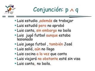 Conjunción: p  q
 Luis estudia ,además de trabajar
 Luis estudió pero no aprobó
 Luis canta, sin embargo no baila
 Luis jugó futbol aunque estaba
lesionado
 Luis juega futbol , también José
 Luis salió, aún no llega
 Luis cocina a la vez que canta
 Luis viajará no obstante esté sin visa
 Luis canta, no baila.
 