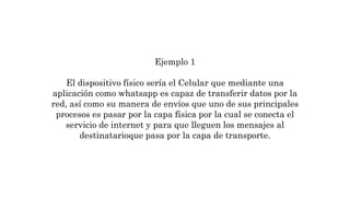 Ejemplo 1
El dispositivo físico sería el Celular que mediante una
aplicación como whatsapp es capaz de transferir datos por la
red, así como su manera de envíos que uno de sus principales
procesos es pasar por la capa física por la cual se conecta el
servicio de internet y para que lleguen los mensajes al
destinatarioque pasa por la capa de transporte.