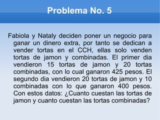 Problema No. 5 Fabiola y Nataly deciden poner un negocio para ganar un dinero extra, por tanto se dedican a vender tortas en el CCH, ellas solo venden tortas de jamon y combinadas. El primer dia vendieron 15 tortas de jamon y 20 tortas combinadas, con lo cual ganaron 425 pesos. El segundo dia vendieron 20 tortas de jamon y 10 combinadas con lo que ganaron 400 pesos. Con estos datos: ¿Cuanto cuestan las tortas de jamon y cuanto cuestan las tortas combinadas? 