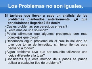 Los Problemas no son iguales. Si tuvieras que llevar a cabo un analisis de los problemas planteados anteriormente, ¿A que concluisiones llegarias? Es decir: ¿Cuales problemas son parecidos entre si? ¿Existe mas de una solucion? ¿Podria afirmarse que algunos problemas son mas complejos que otros? ¿Reconoces algun problema en el cual la solucion se tuvo que tomar de inmediato sin tener tiempo para pensarlo a fondo? ¿Algun problema tuvo que ser resuelto utilizando una logica diferente a la tuya? ¿Consideras que este metodo de 4 pasos se puede aplicar a cualquier tipo de problema?  